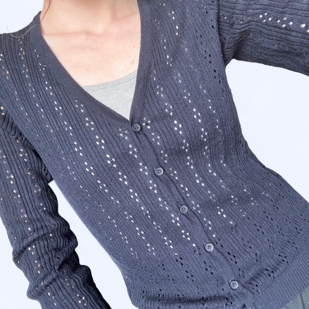 John Galt Womens Navy Blue Long Sleeve Knit Cardigan Cottagecore Sweater Small